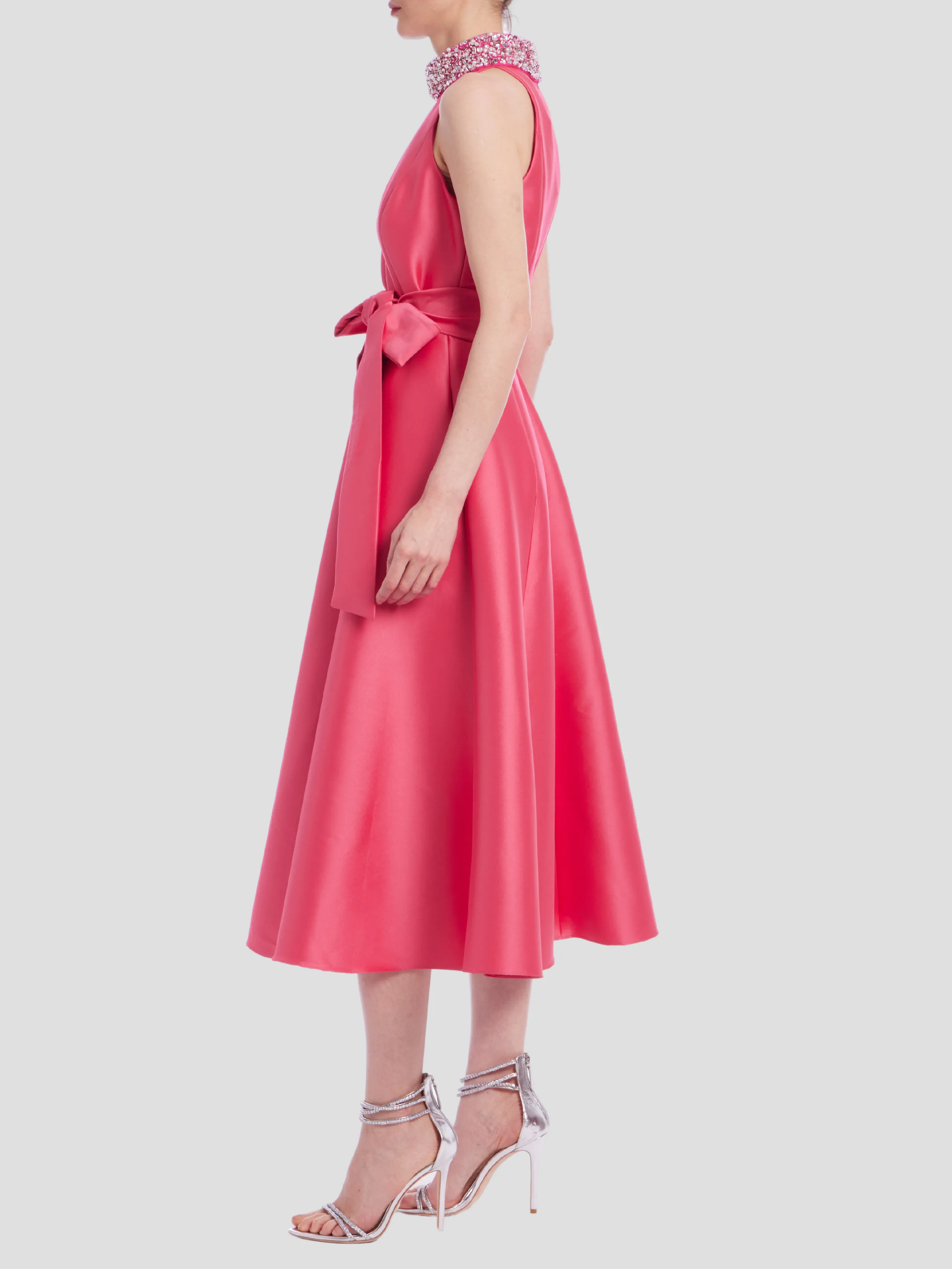 Beaded Halter Full Skirt Dress in Rose