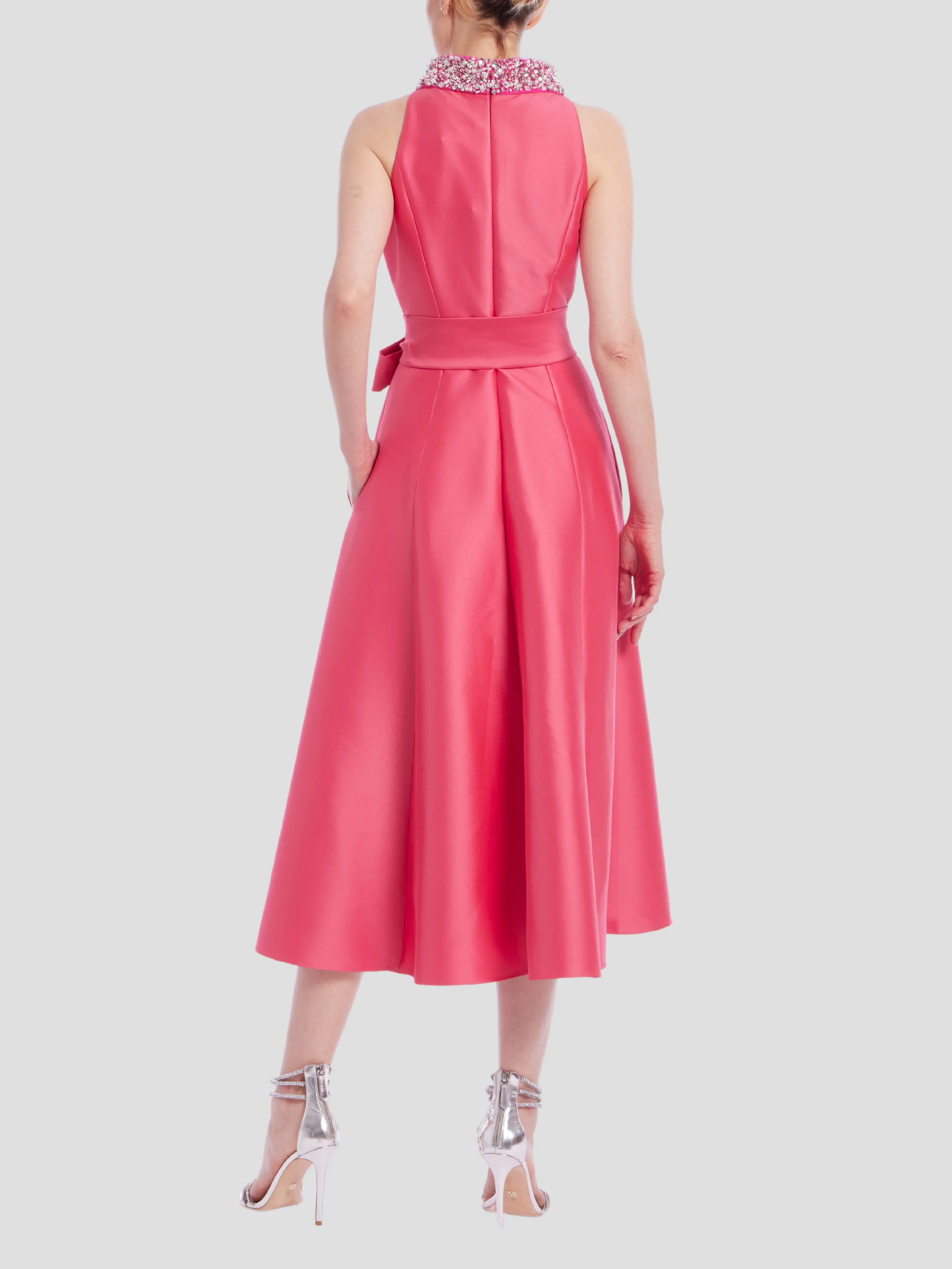Beaded Halter Full Skirt Dress in Rose