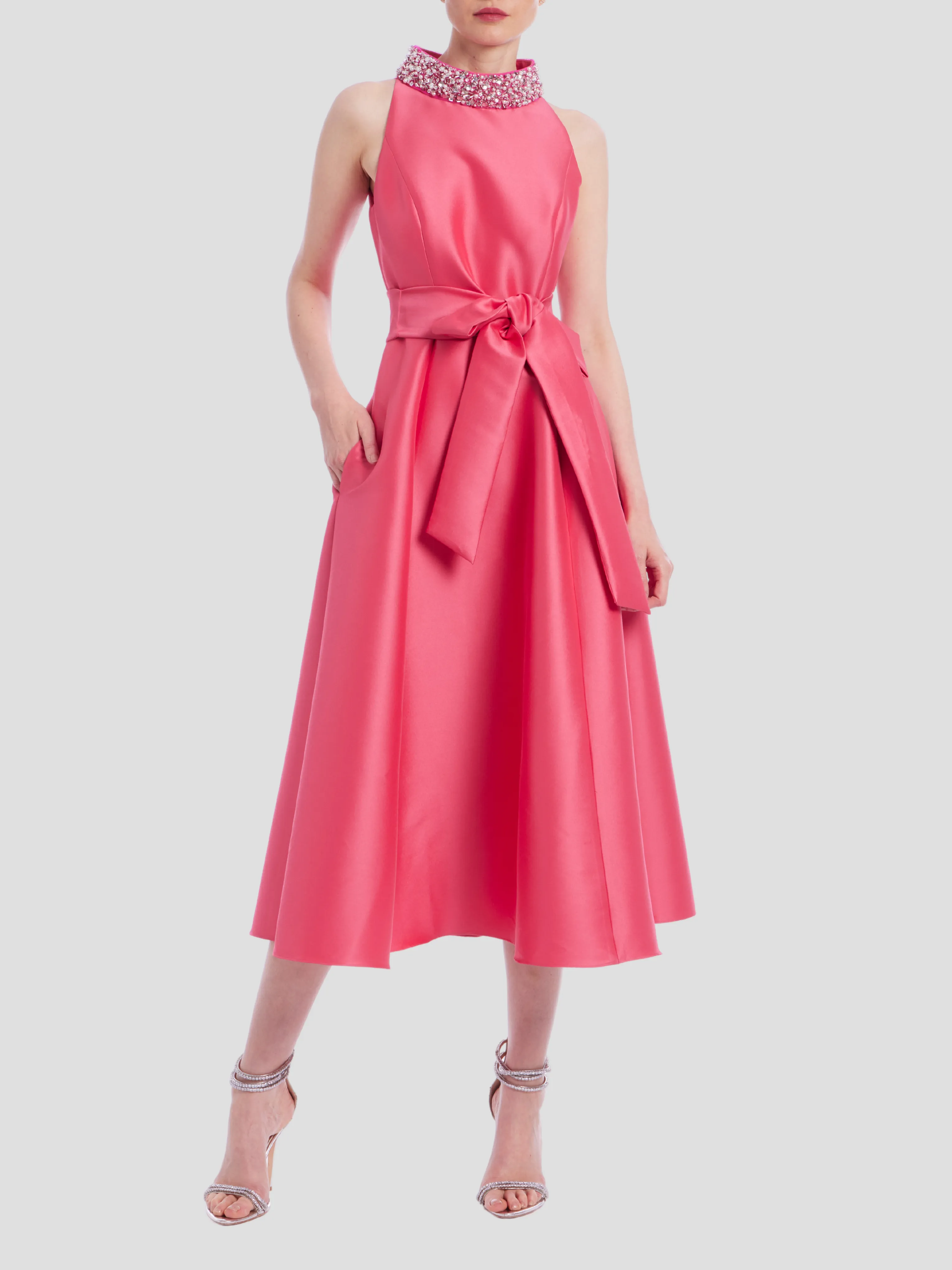 Beaded Halter Full Skirt Dress in Rose