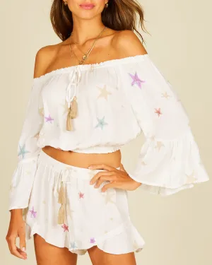 Beaded Star Off the Shoulder Bell Sleeve Tassel Crop Top