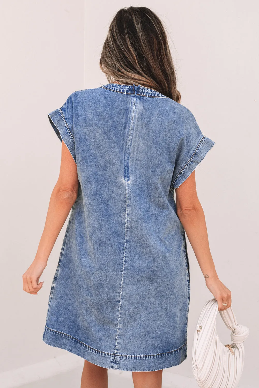 Beau Blue Tie V Neck Tucking Detail Short Sleeve Denim Shift Dress