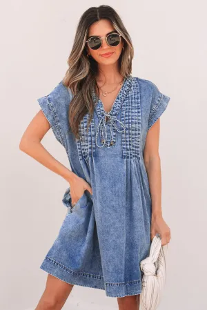 Beau Blue Tie V Neck Tucking Detail Short Sleeve Denim Shift Dress