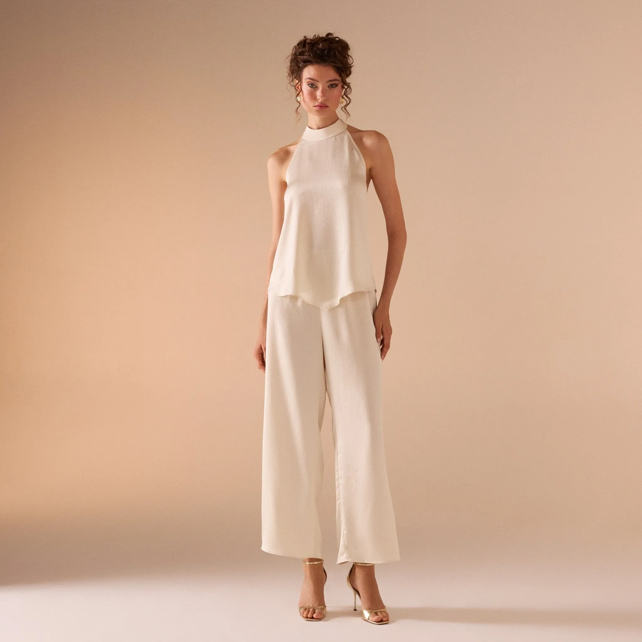 Beige Crinkled Satin Halter Neck Top