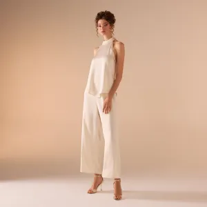 Beige Crinkled Satin Halter Neck Top