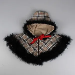 Beige Tartan Cape with Black Maribou Feather Trim