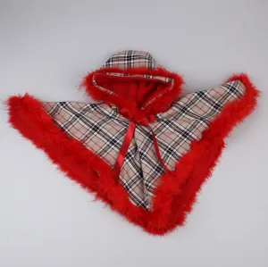 Beige Tartan Cape with Red Maribu Feather Trim