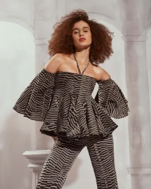 Black & white byzantine off-shoulder top
