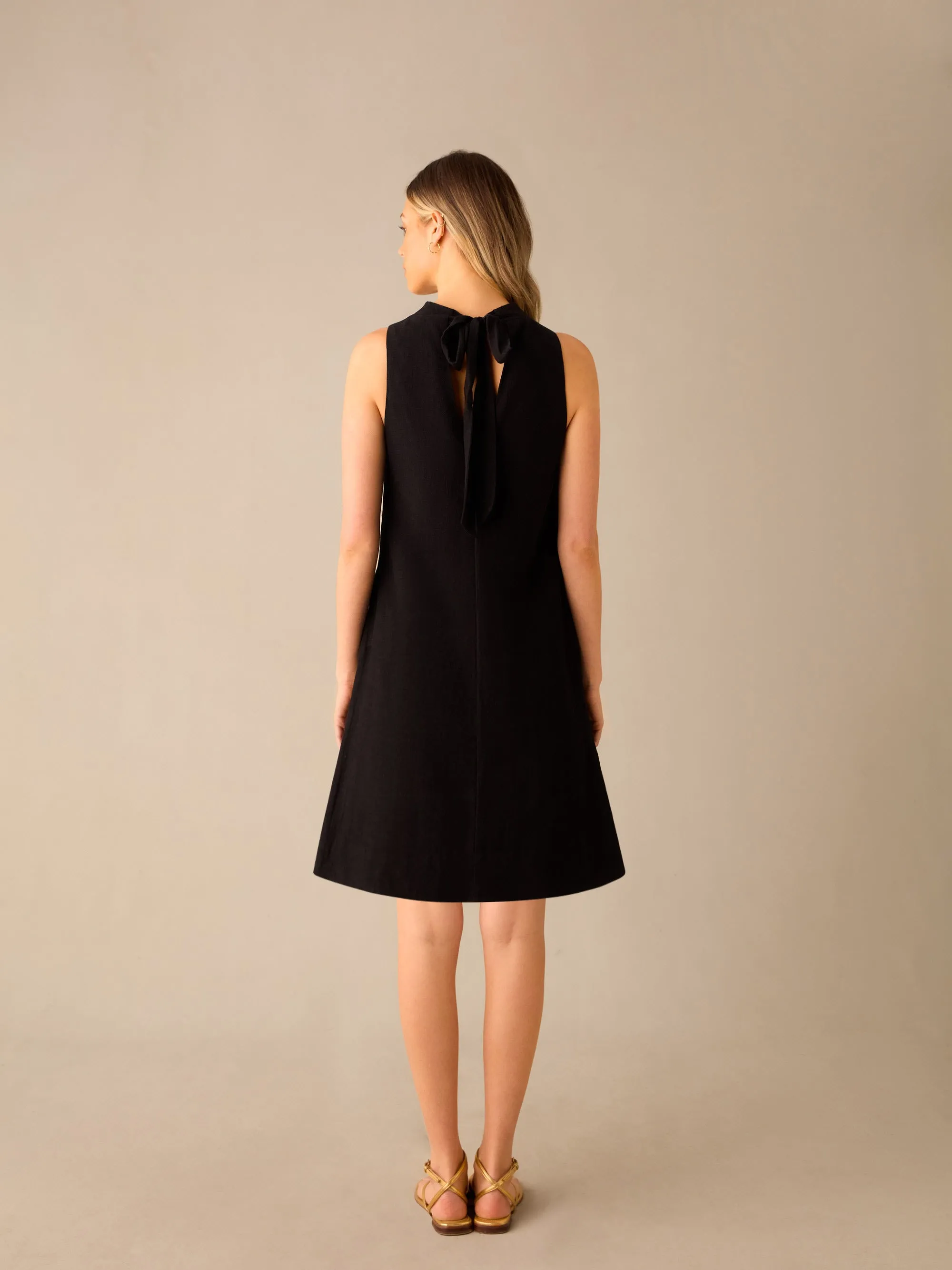 Black Cowl Neck Linen-blend Shift Dress