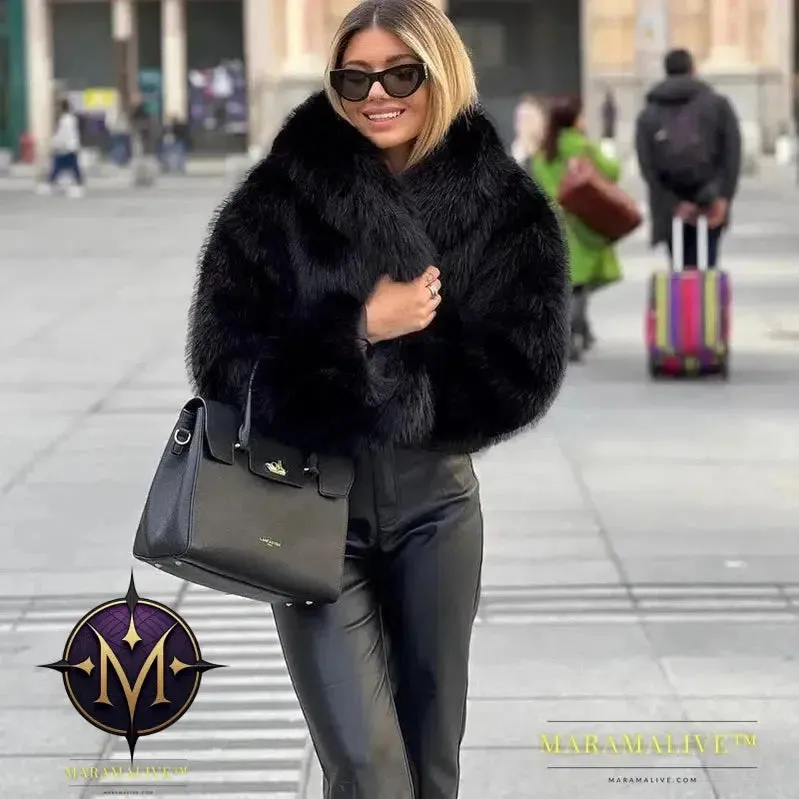 Black Faux Fur Coat for Women Autumn Winter Plush Wool Coats Black Wool & Blends Coats Outerwears Long Sleeve Warm Fur Coat