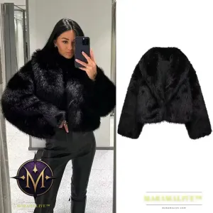 Black Faux Fur Coat for Women Autumn Winter Plush Wool Coats Black Wool & Blends Coats Outerwears Long Sleeve Warm Fur Coat