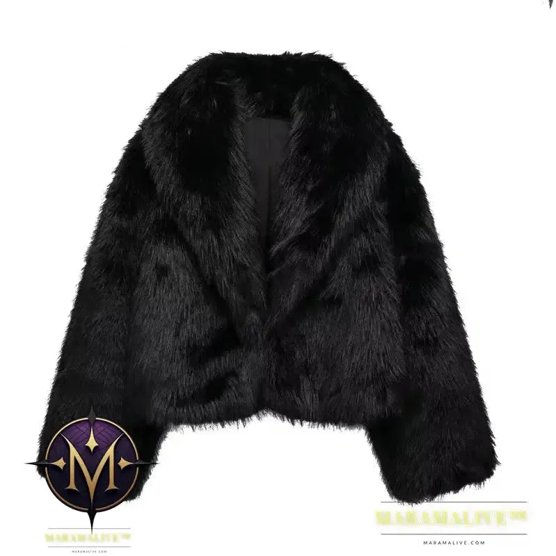 Black Faux Fur Coat for Women Autumn Winter Plush Wool Coats Black Wool & Blends Coats Outerwears Long Sleeve Warm Fur Coat