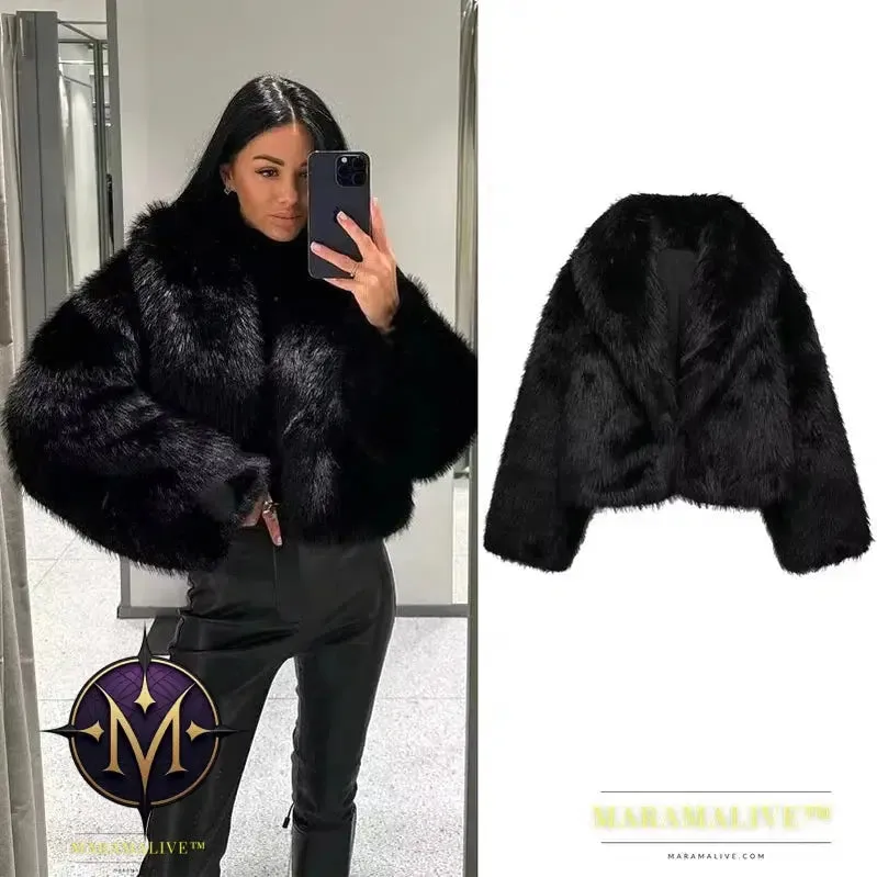 Black Faux Fur Coat for Women Autumn Winter Plush Wool Coats Black Wool & Blends Coats Outerwears Long Sleeve Warm Fur Coat
