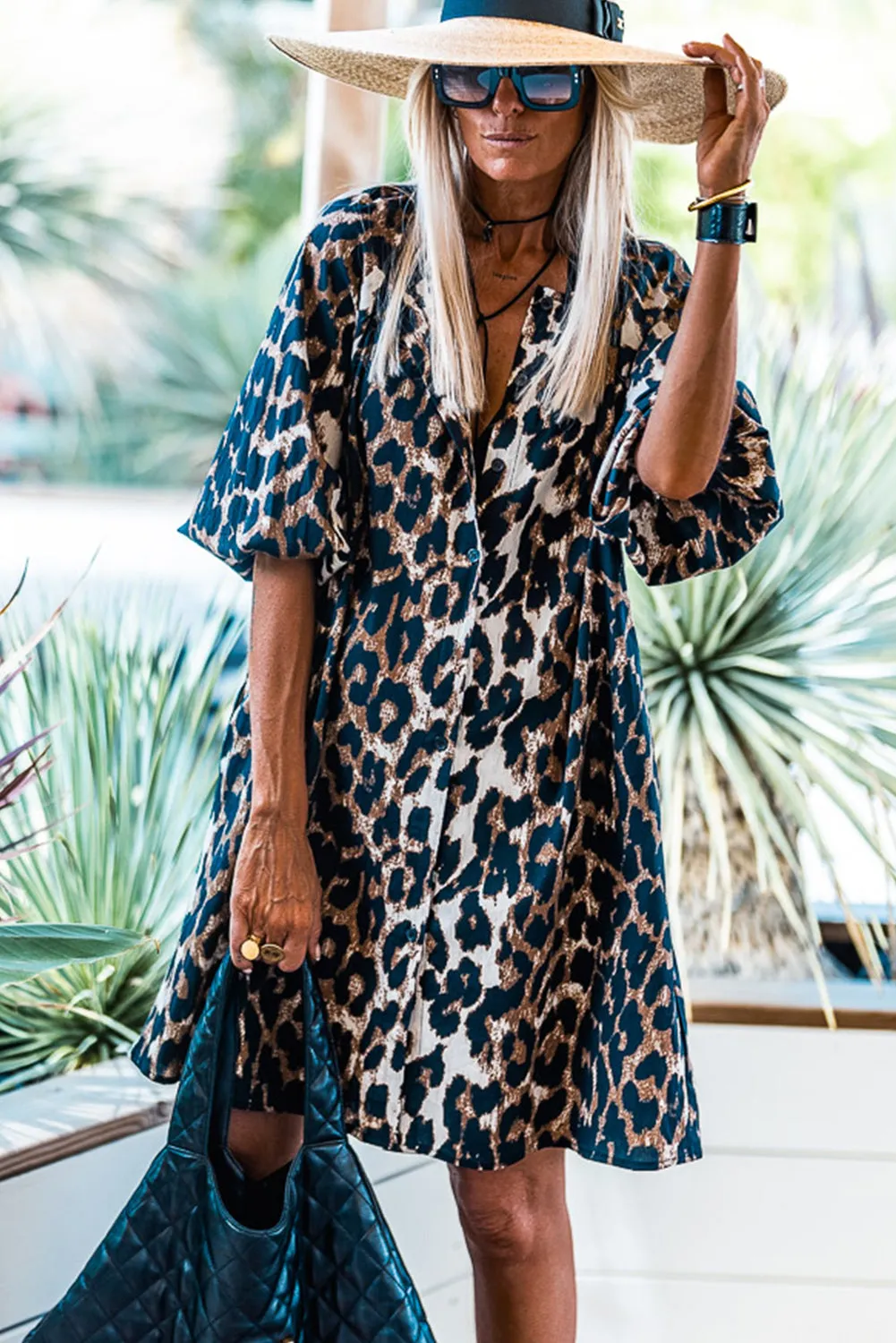 Black Leopard Puff Sleeve Button Up Shift Dress