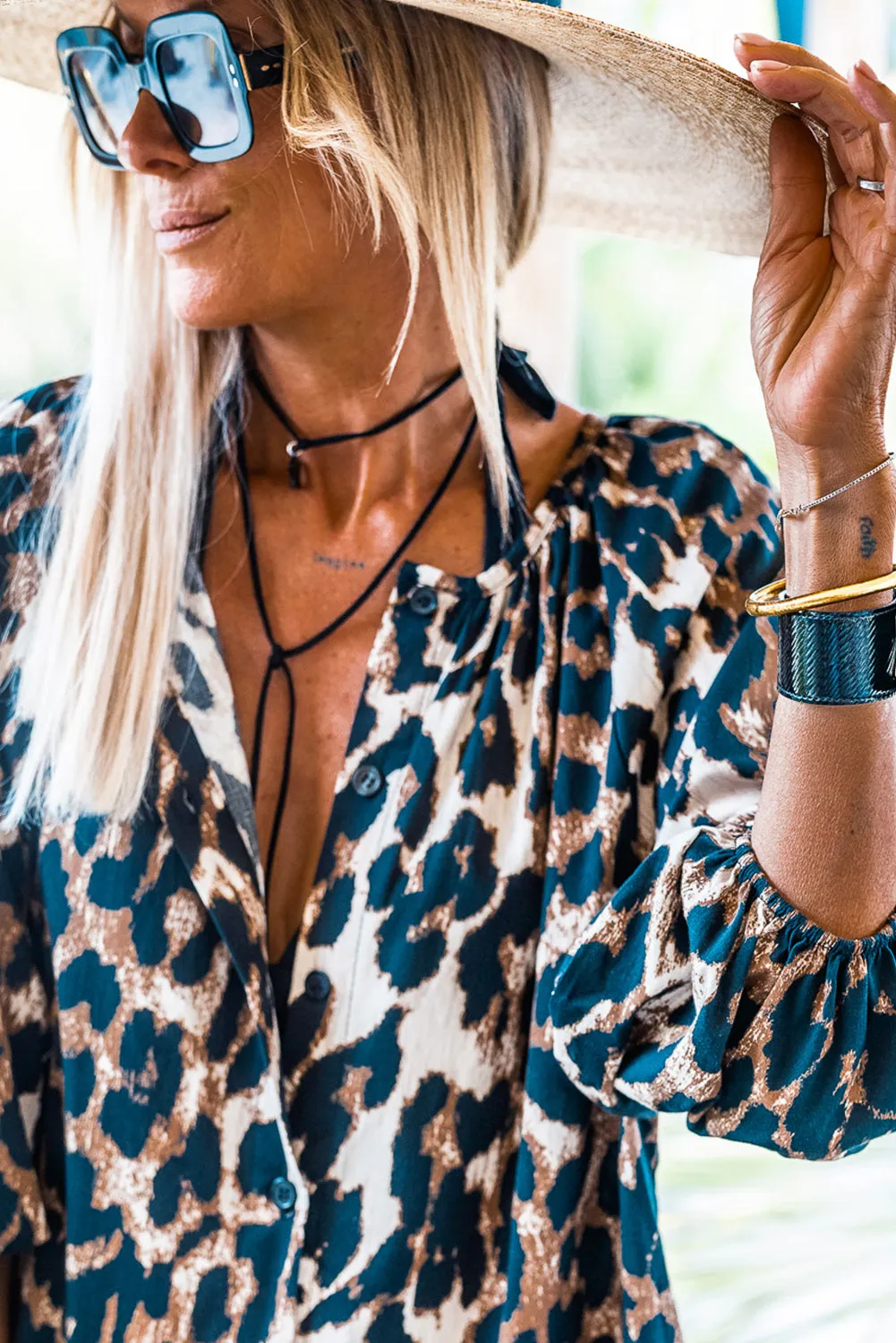 Black Leopard Puff Sleeve Button Up Shift Dress