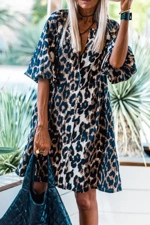 Black Leopard Puff Sleeve Button Up Shift Dress