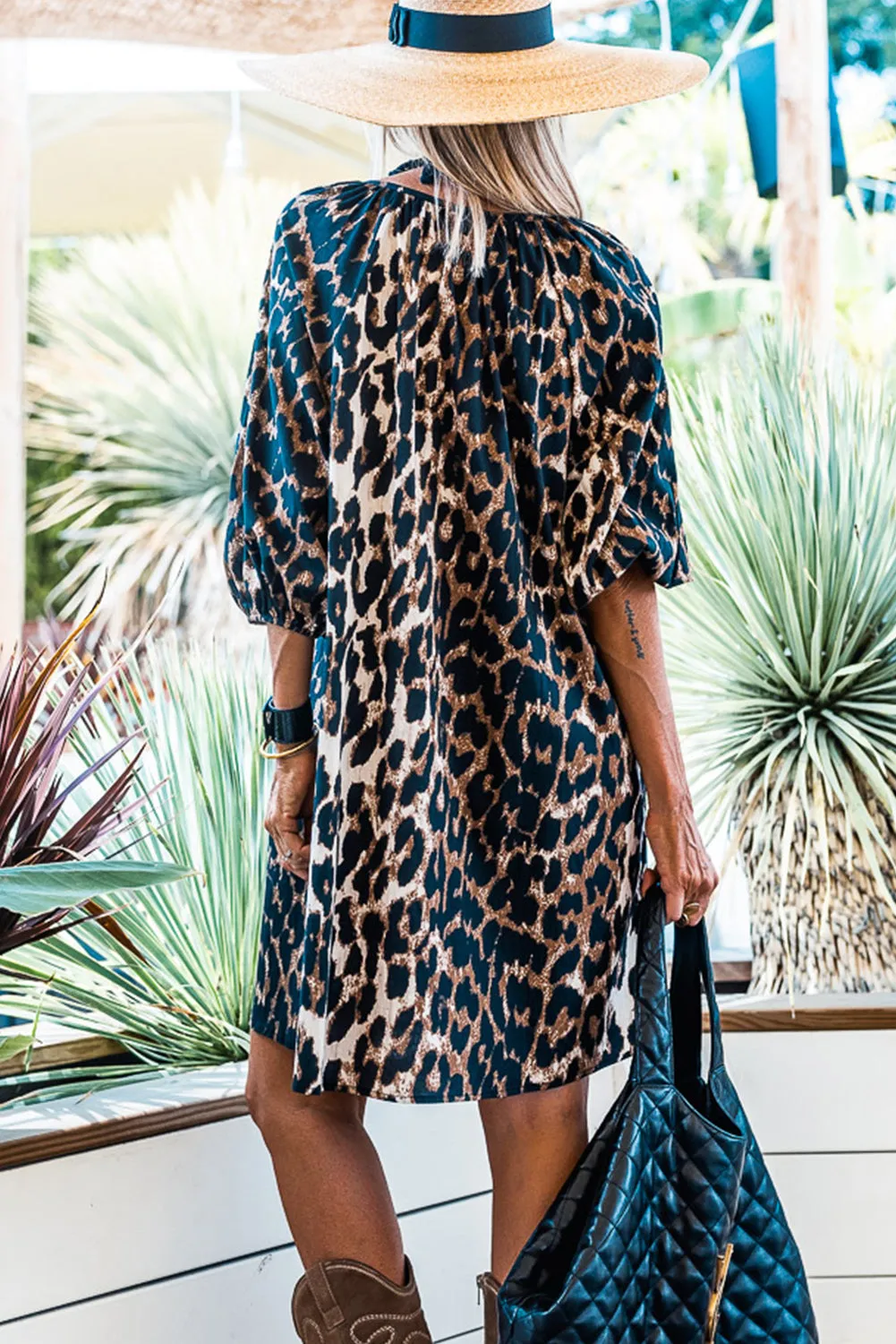 Black Leopard Puff Sleeve Button Up Shift Dress