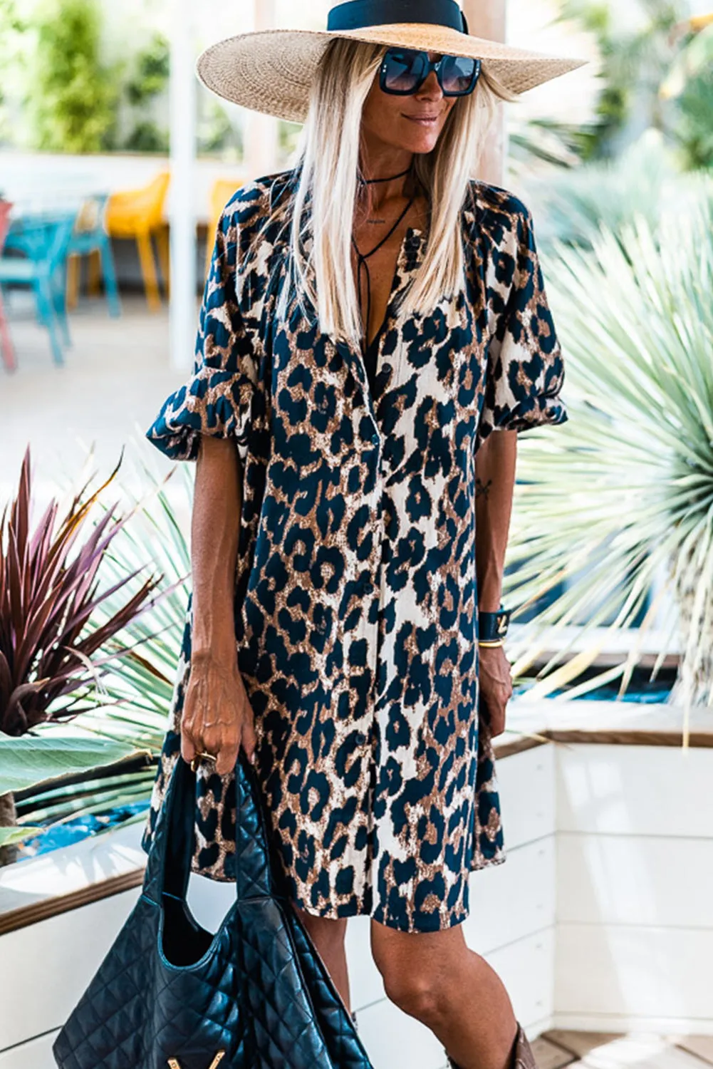 Black Leopard Puff Sleeve Button Up Shift Dress