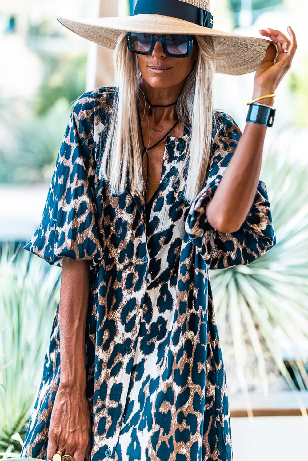 Black Leopard Puff Sleeve Button Up Shift Dress