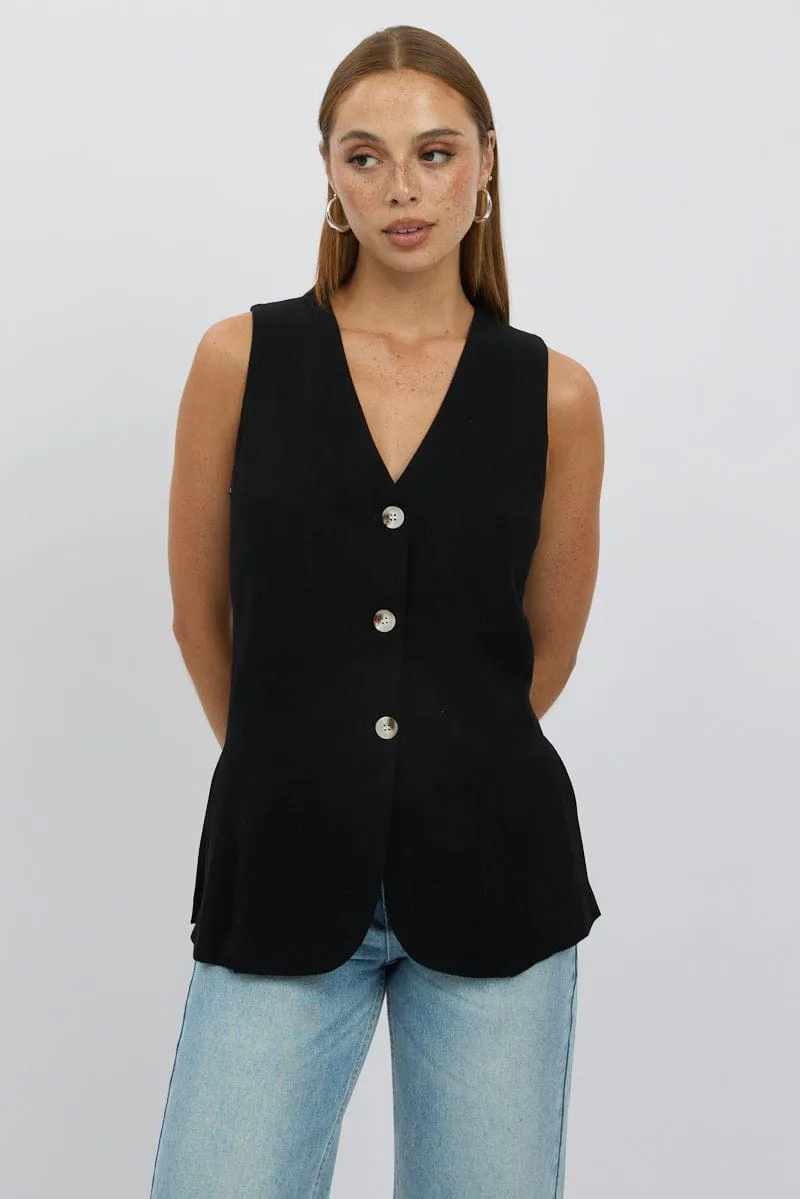 Black Linen Vest Longline V Neck