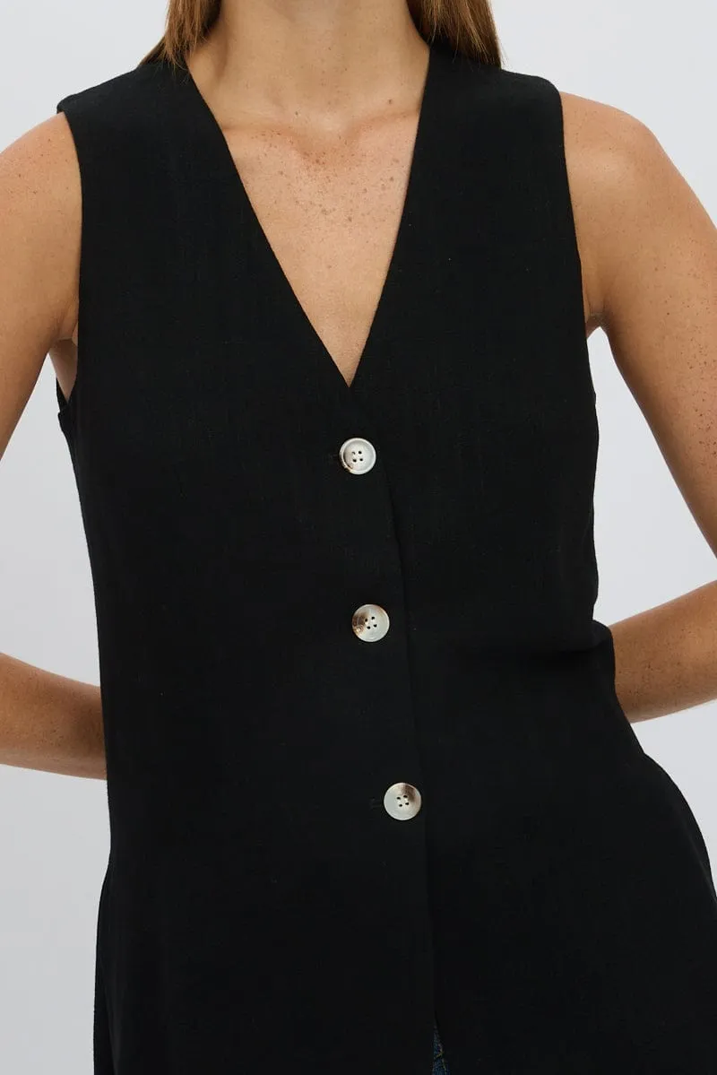 Black Linen Vest Longline V Neck