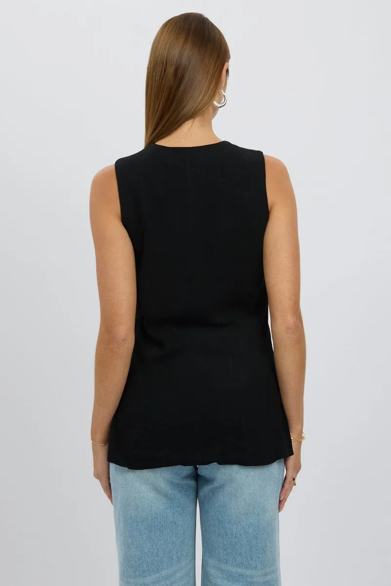 Black Linen Vest Longline V Neck