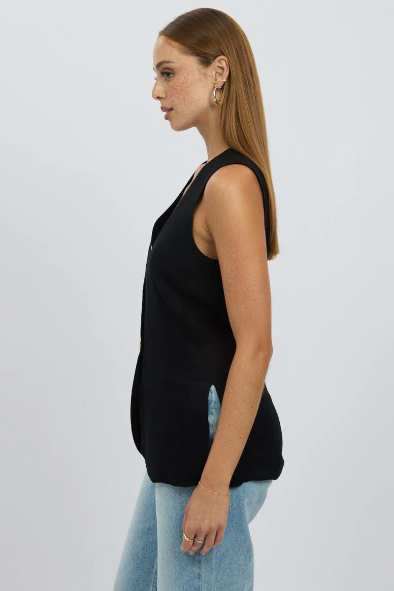 Black Linen Vest Longline V Neck