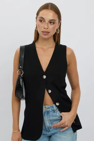 Black Linen Vest Longline V Neck