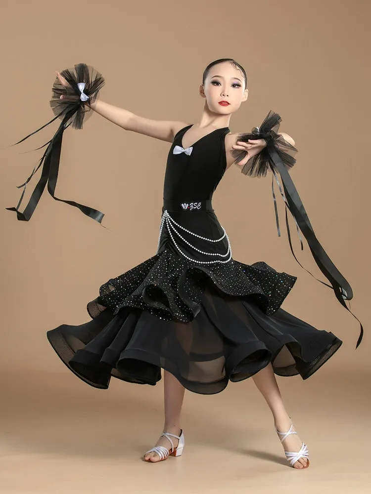 Black sequins ballroom dance dresses for girls kids halter neck backless waltz tango ballroom performance costumes Art test clothes