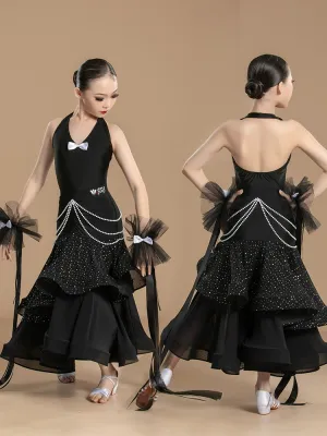 Black sequins ballroom dance dresses for girls kids halter neck backless waltz tango ballroom performance costumes Art test clothes