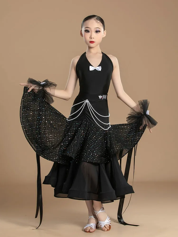 Black sequins ballroom dance dresses for girls kids halter neck backless waltz tango ballroom performance costumes Art test clothes
