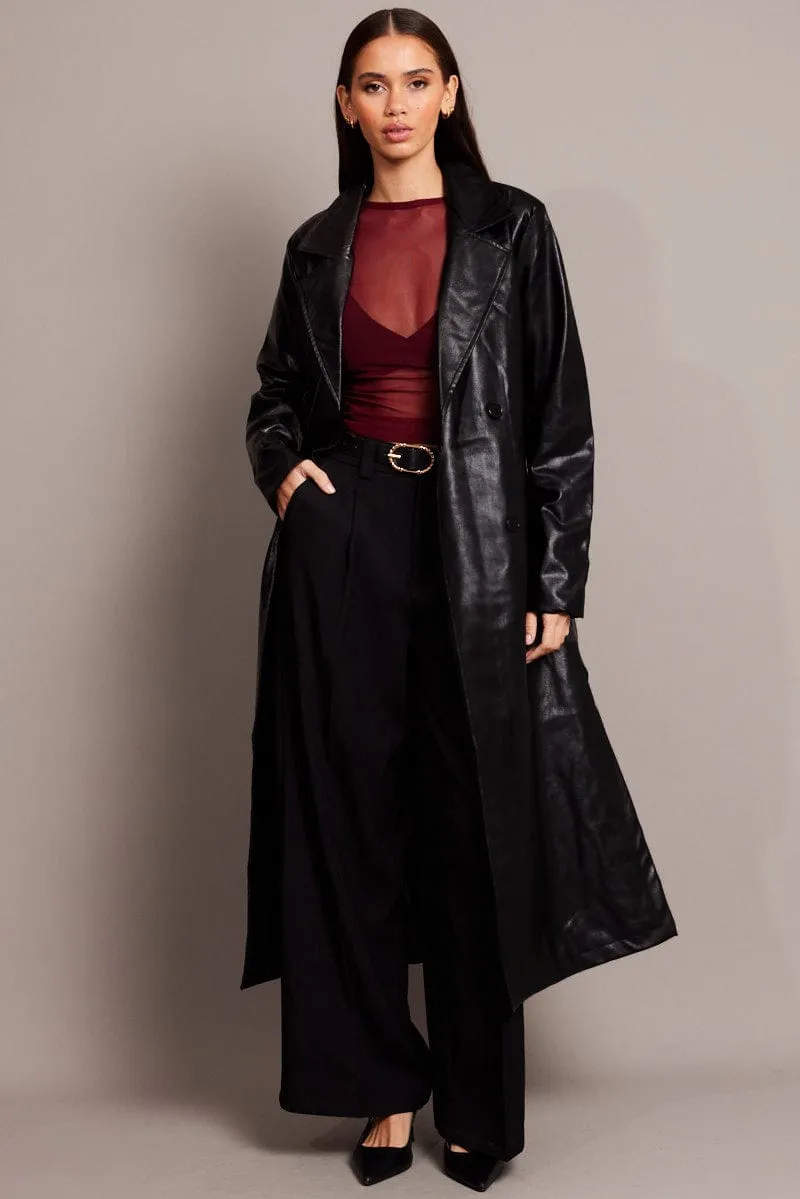 Black Trench Coat Long Sleeves Faux Leather