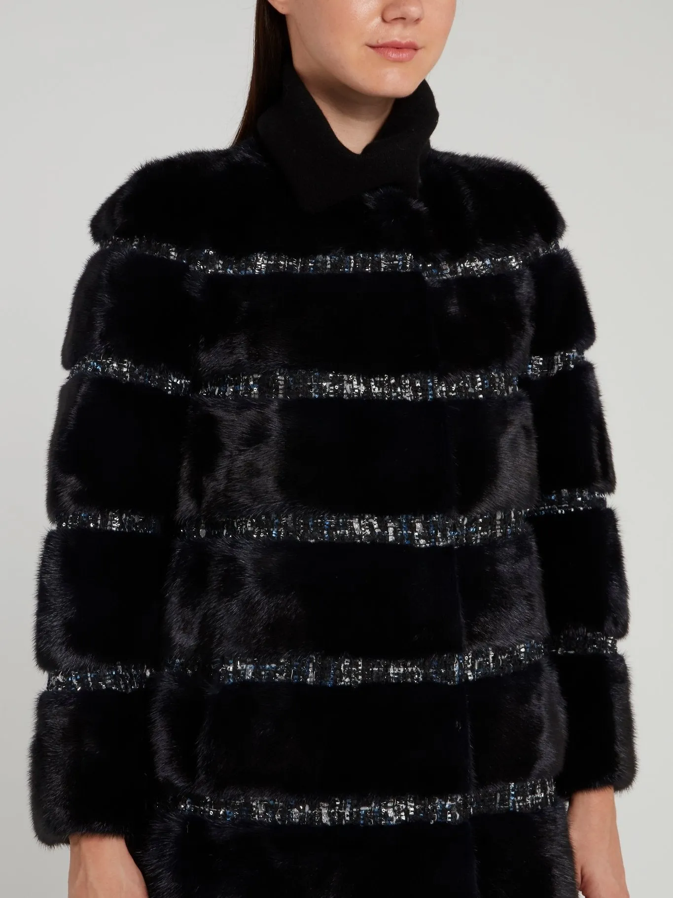 Black Tweed Striped Fur Coat