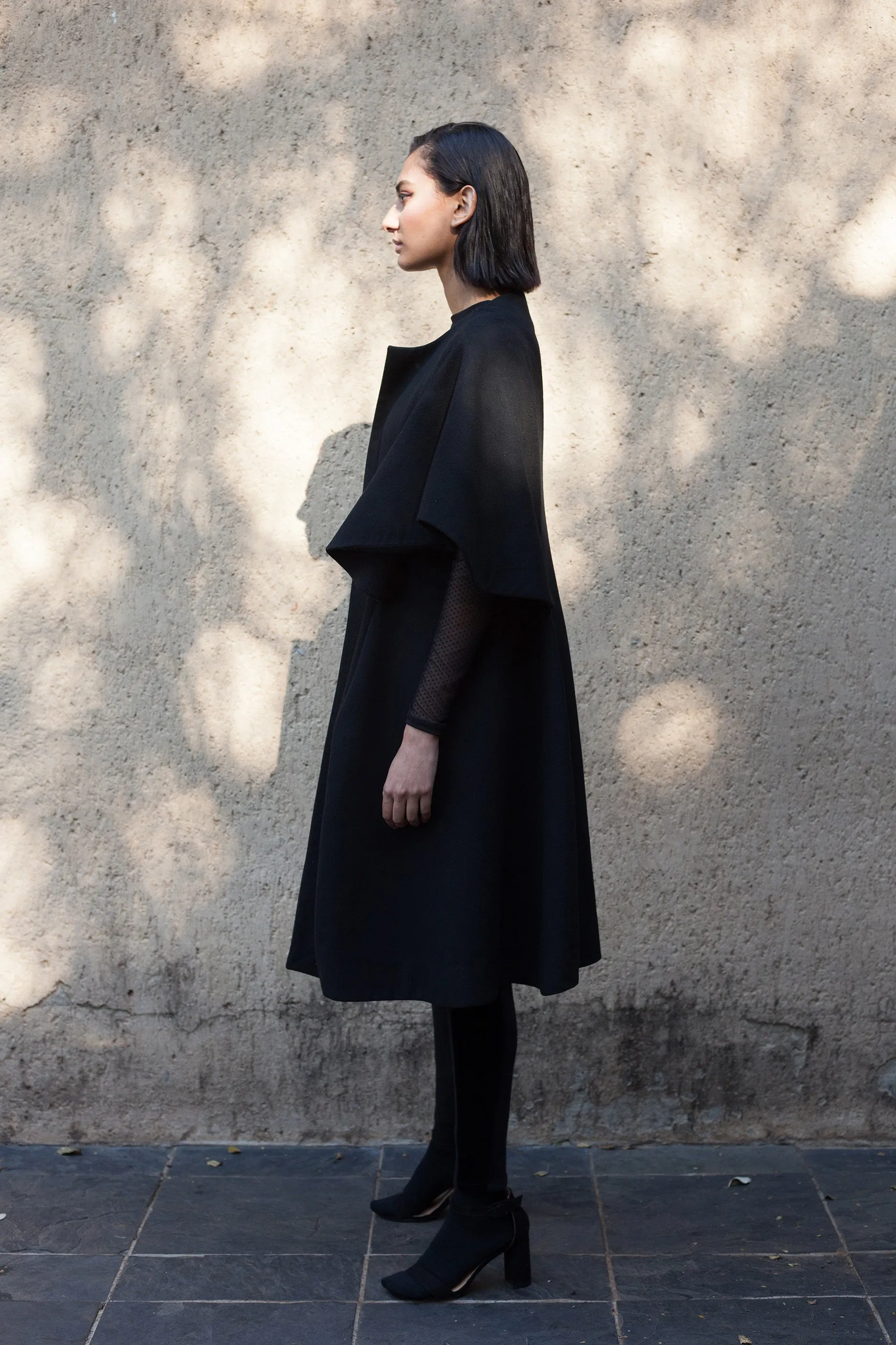 Black Wool Cape Sleeve Coat