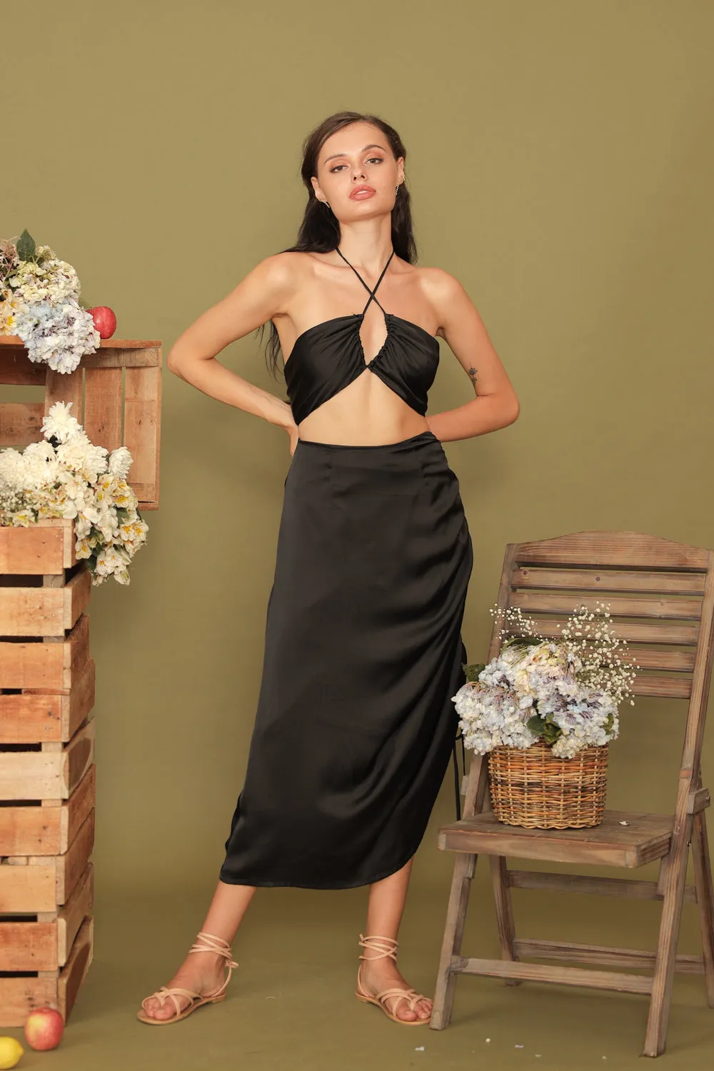 BLANCHE SET Halter Multiway Top with Asymmetric Tie Skirt (Black SC Silk)