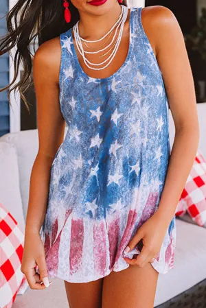 Blue Vintage Washed Flag Stars and Stripes Shift Tank Top