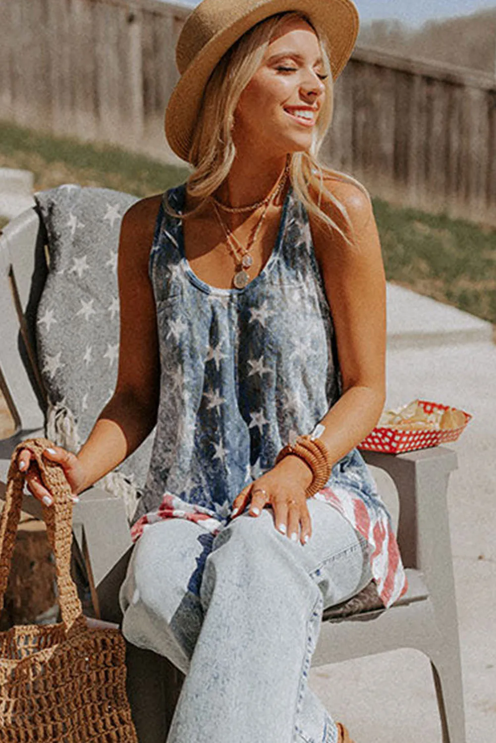 Blue Vintage Washed Flag Stars and Stripes Shift Tank Top