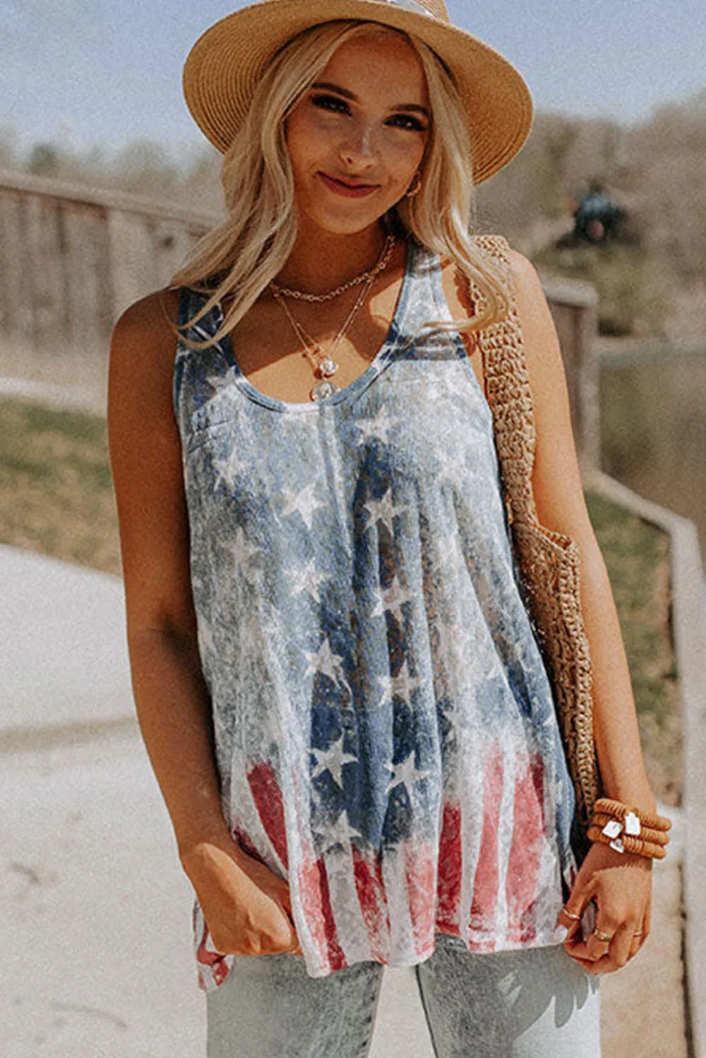 Blue Vintage Washed Flag Stars and Stripes Shift Tank Top