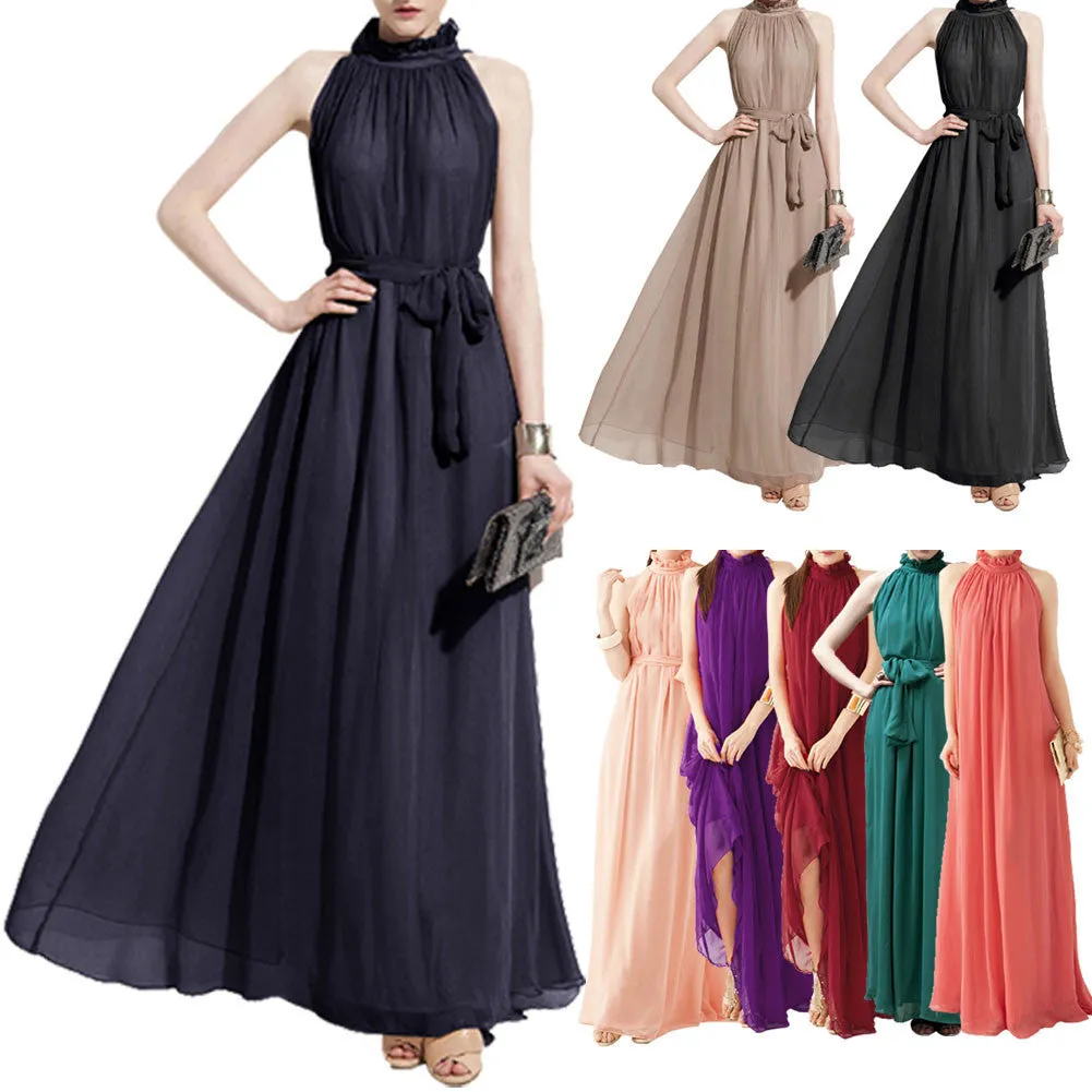 Bohemian Style Summer Women's Chiffon Long Maxi Dresses Halter Neck Sleeveless Beach Dress BS88
