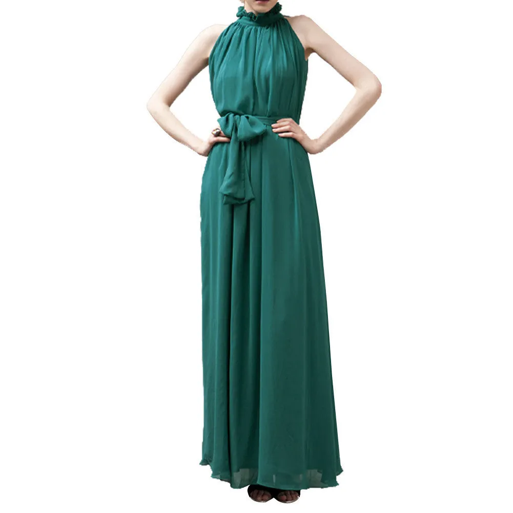 Bohemian Style Summer Women's Chiffon Long Maxi Dresses Halter Neck Sleeveless Beach Dress BS88