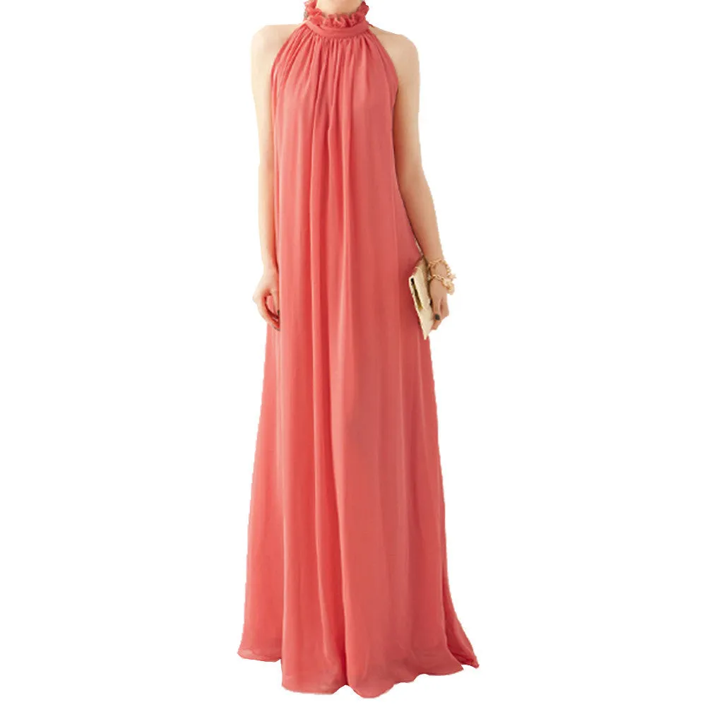 Bohemian Style Summer Women's Chiffon Long Maxi Dresses Halter Neck Sleeveless Beach Dress BS88