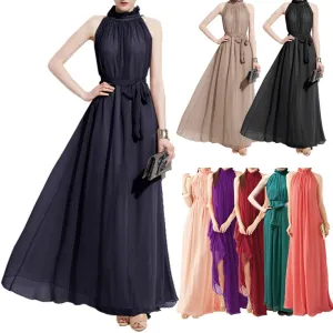 Bohemian Style Summer Women's Chiffon Long Maxi Dresses Halter Neck Sleeveless Beach Dress BS88
