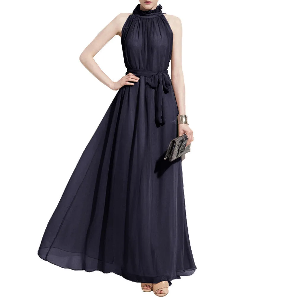 Bohemian Style Summer Women's Chiffon Long Maxi Dresses Halter Neck Sleeveless Beach Dress BS88