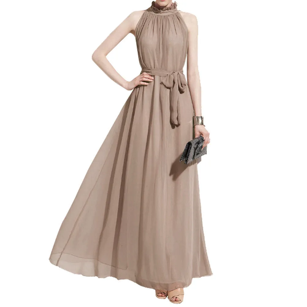 Bohemian Style Summer Women's Chiffon Long Maxi Dresses Halter Neck Sleeveless Beach Dress BS88