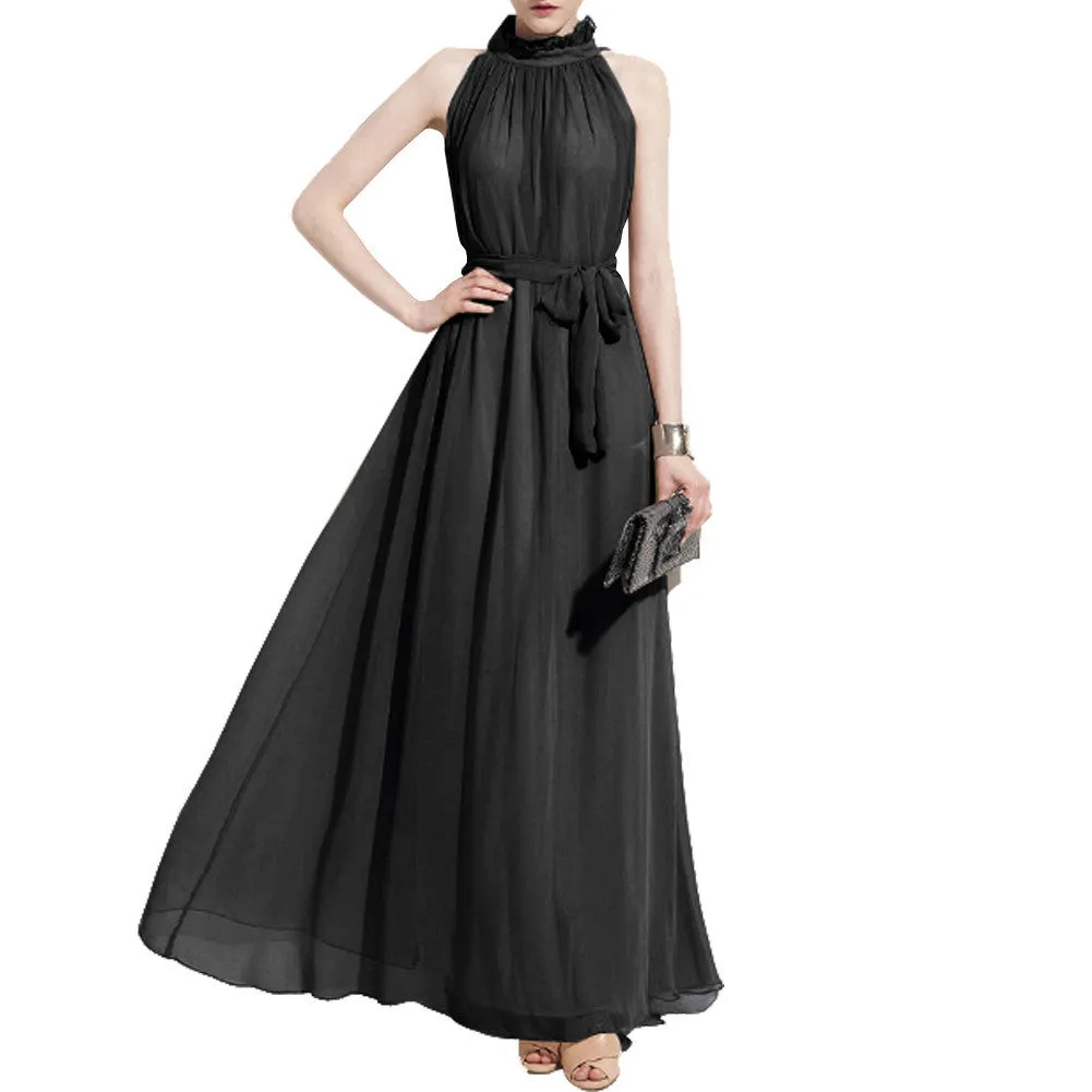 Bohemian Style Summer Women's Chiffon Long Maxi Dresses Halter Neck Sleeveless Beach Dress BS88