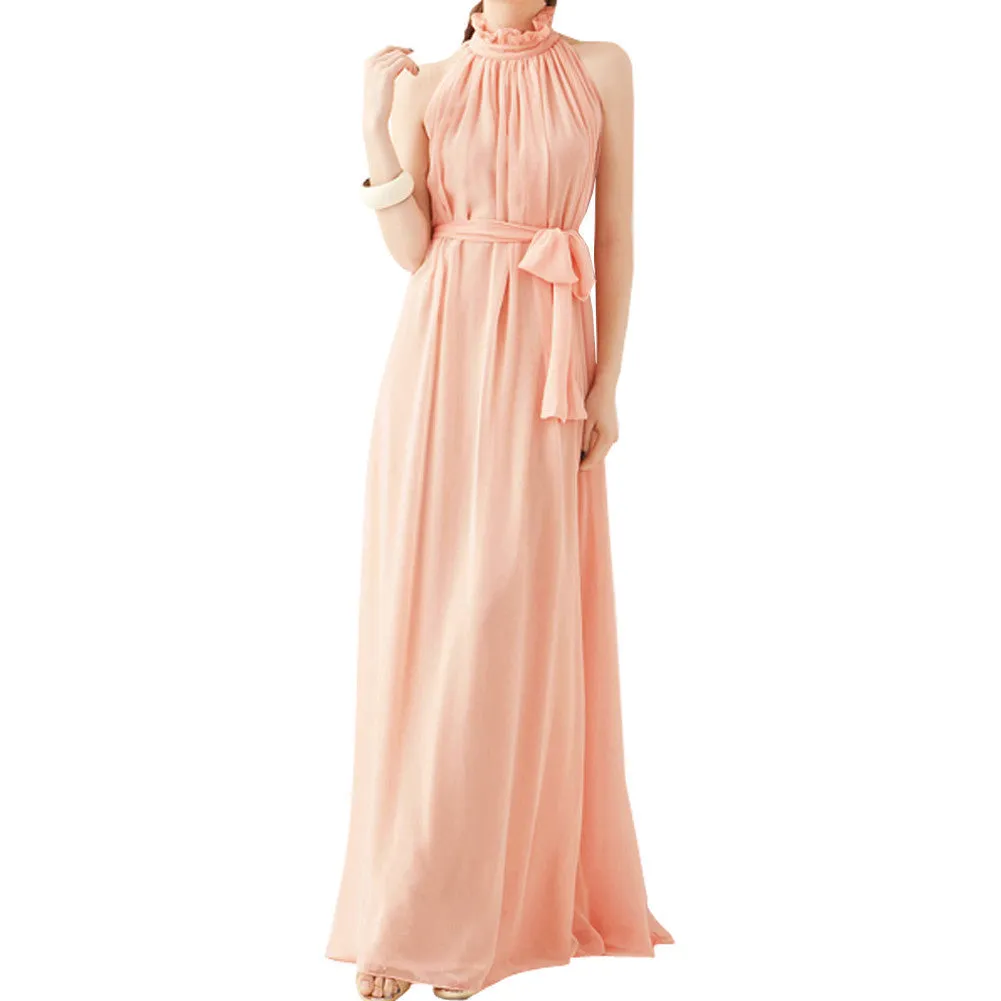 Bohemian Style Summer Women's Chiffon Long Maxi Dresses Halter Neck Sleeveless Beach Dress BS88