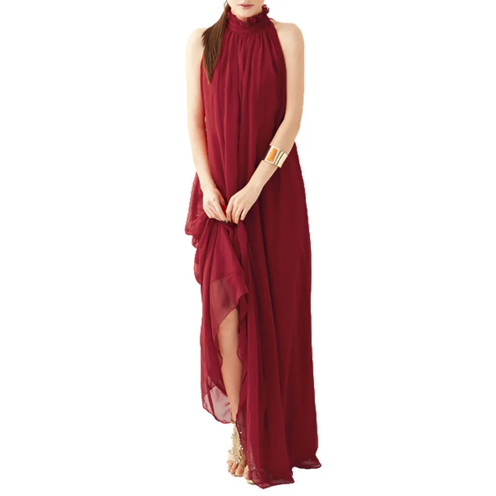 Bohemian Style Summer Women's Chiffon Long Maxi Dresses Halter Neck Sleeveless Beach Dress BS88