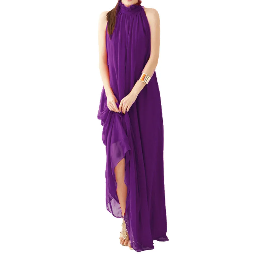 Bohemian Style Summer Women's Chiffon Long Maxi Dresses Halter Neck Sleeveless Beach Dress BS88