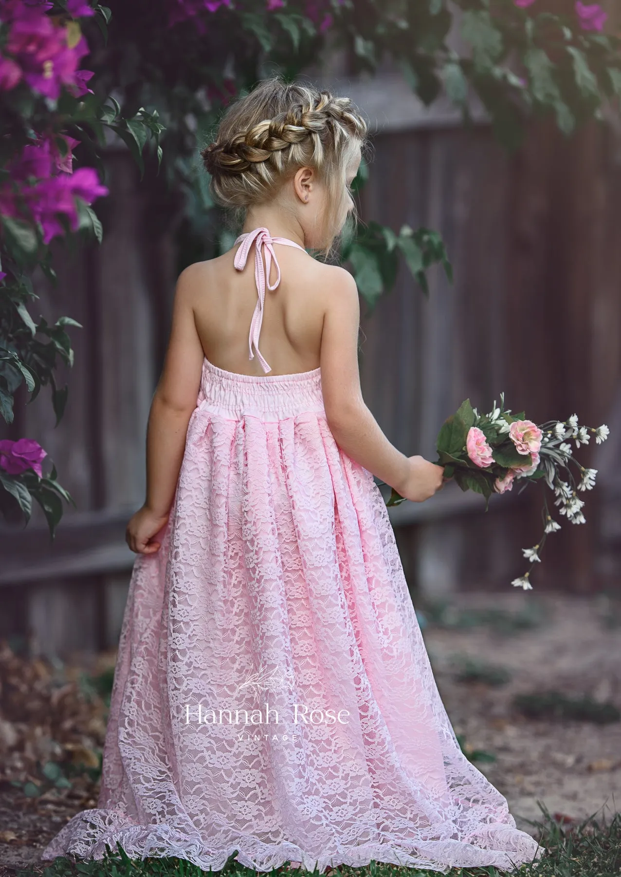 Boho Rustic Pink Lace Halter Flower Girl Dress | Fairytale Wedding