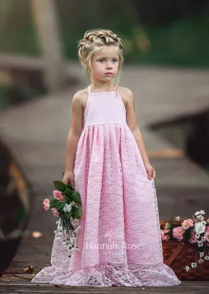 Boho Rustic Pink Lace Halter Flower Girl Dress | Fairytale Wedding