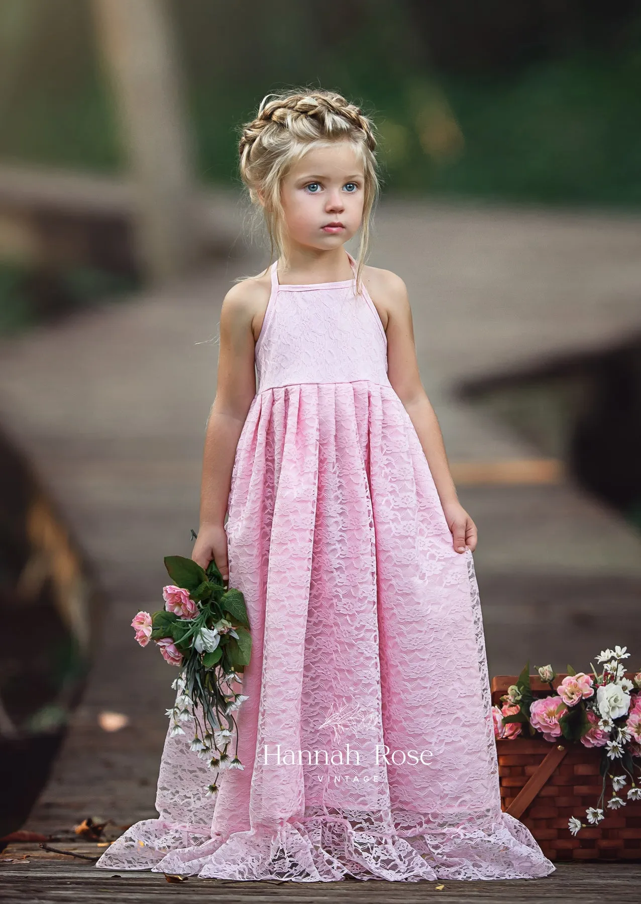 Boho Rustic Pink Lace Halter Flower Girl Dress | Fairytale Wedding